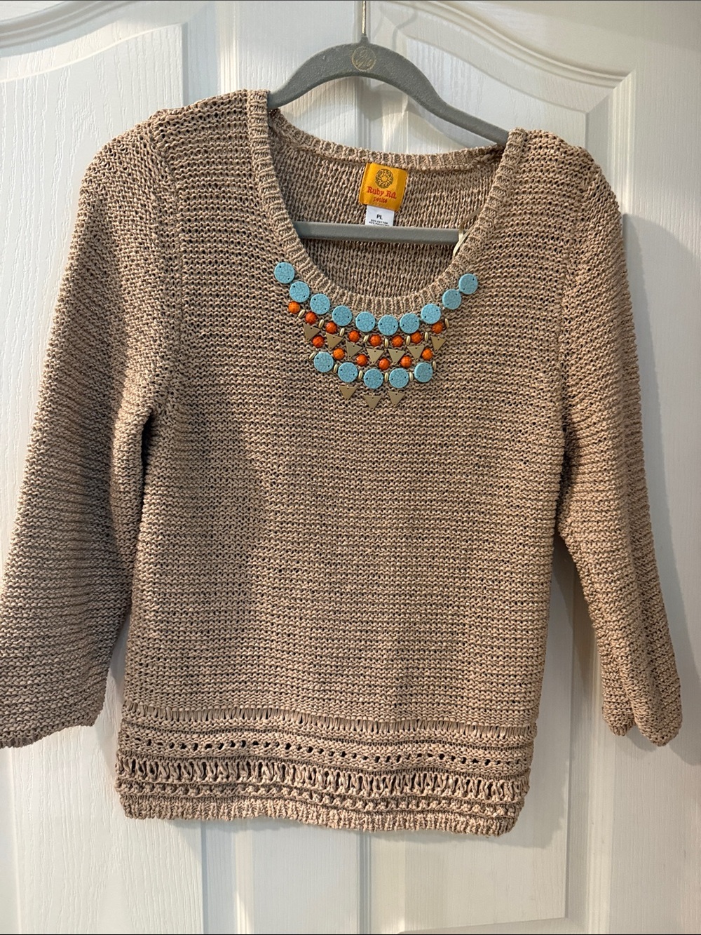 Ruby Rd. Taupe Sweater with Turquoise & Coral Beaded Accent